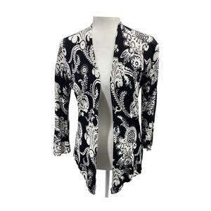 Cache Black White Paisley Open Front Cardigan M Lightweight Layering Piece